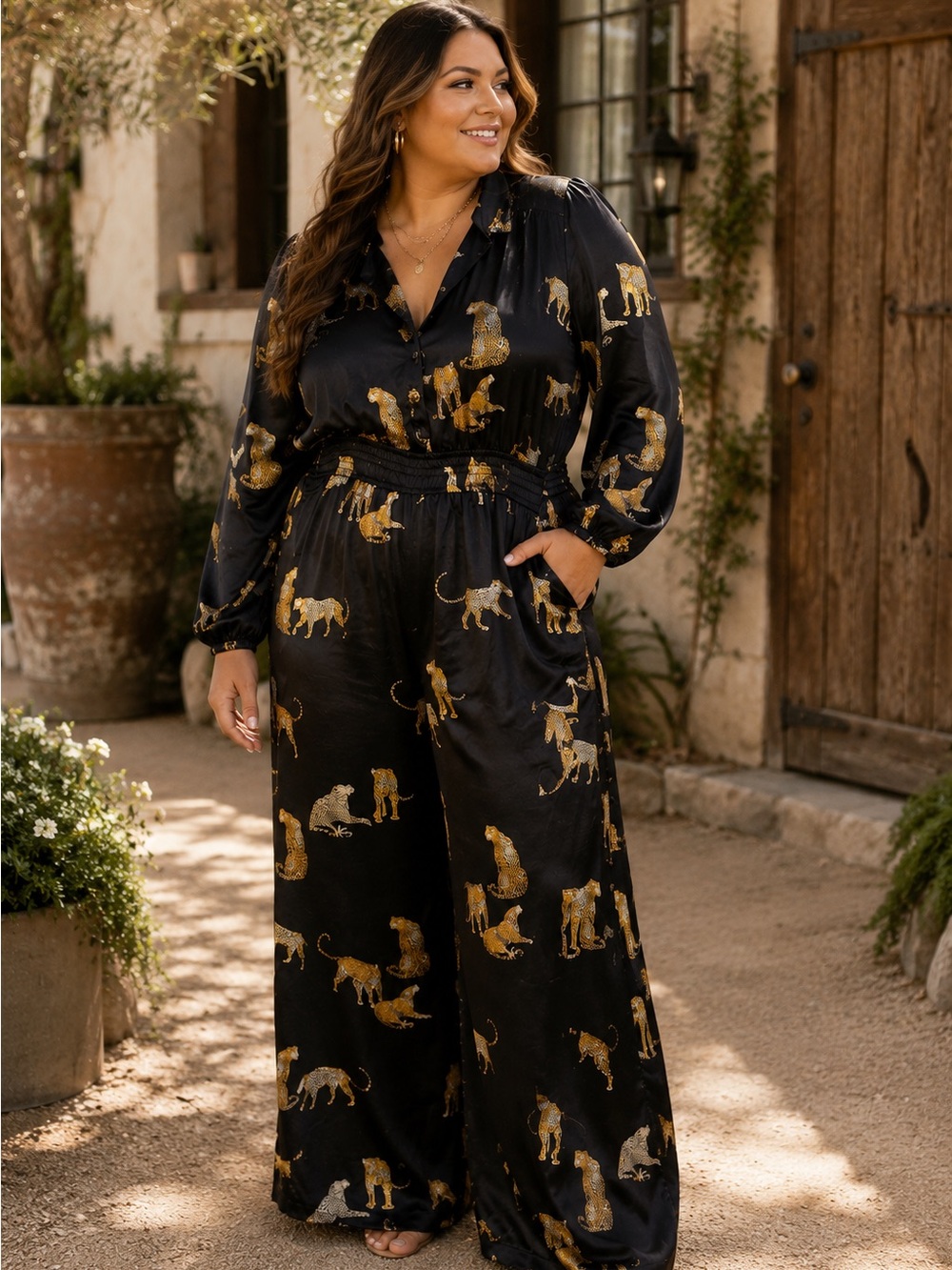 Plus Size Black Satin Jumpsuit with Gold Animal Print